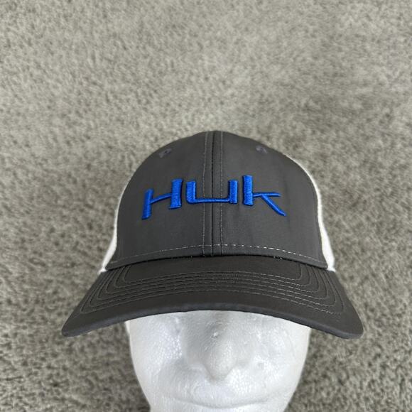 Huk Hat Cap Snap Back Mens One Size Gray White Performance Fishing Trucker Mesh - Picture 1 of 10